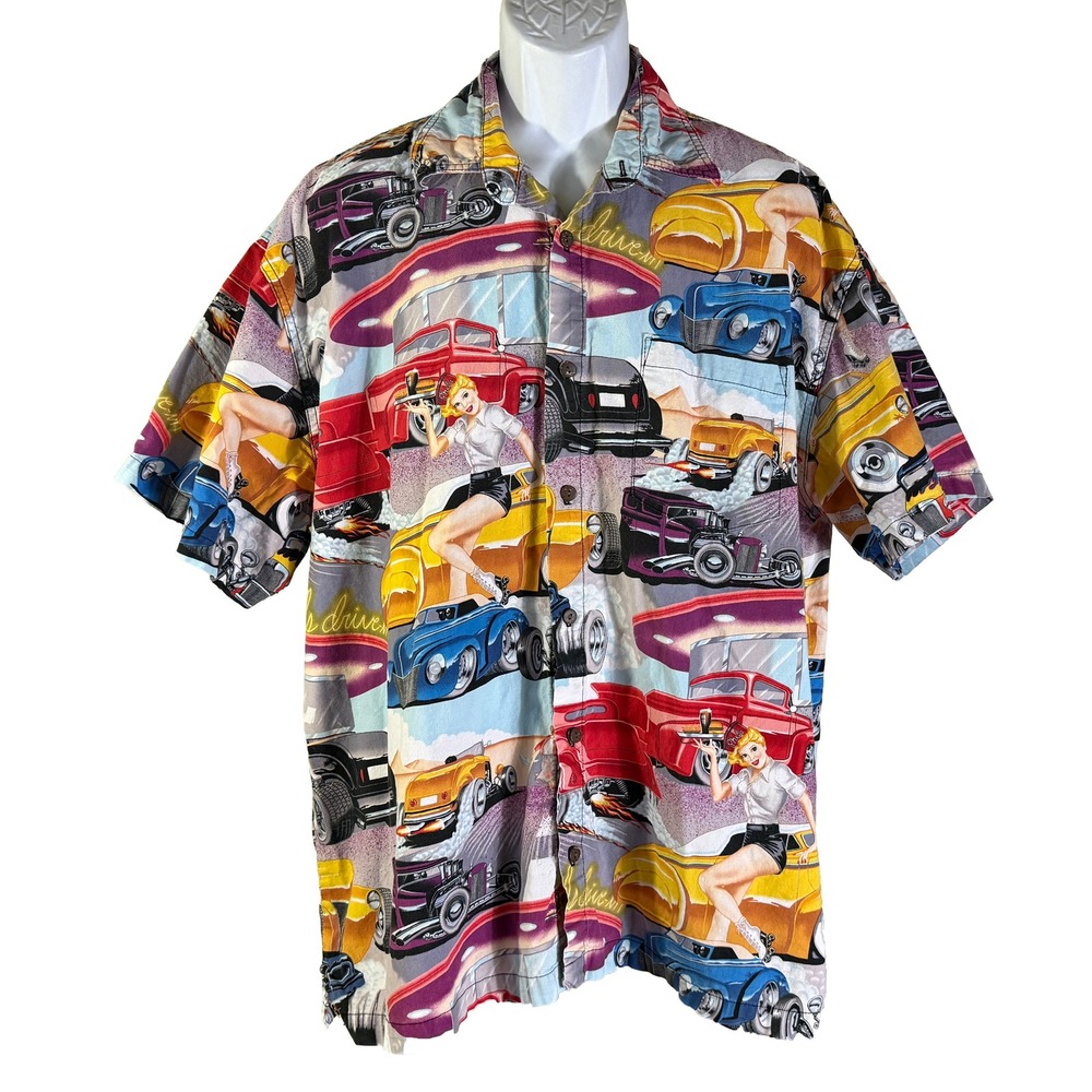 High Seas Trading Co Hot Rod Shirt Mens 2XL Multicolor Excellent Pinup Car Print